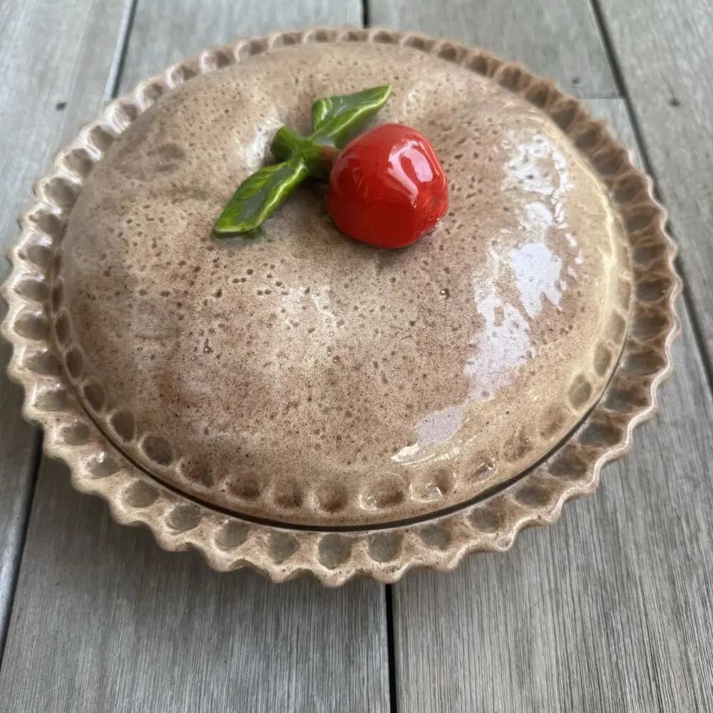 Pie Dish Plate Ceramic Covered Cherry Holder Keeper Lid Vintage Cottagecore